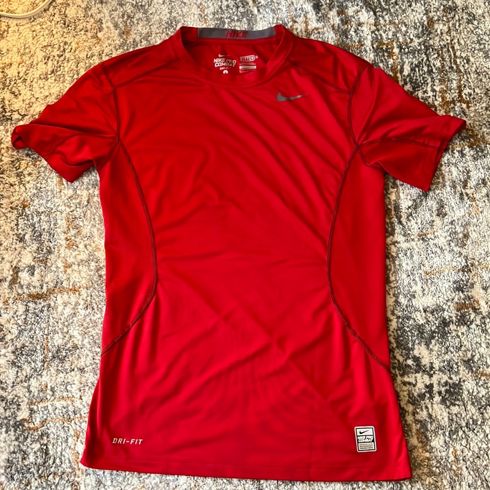 Red Nike Pro Combat Fitted Dri-fit Shirt